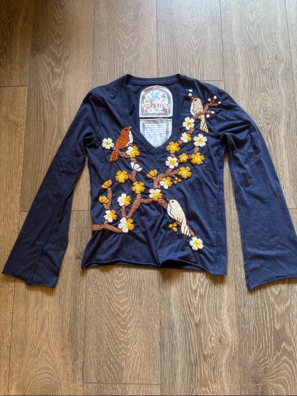 Joystick Embroidered Navy Tee with Floral & Bird Patch